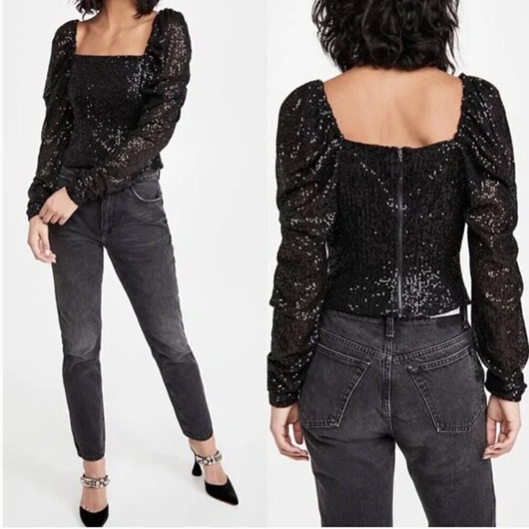 Ramy Brook Hazel Skye Puff Sleeve Sequin Squareneck Top - Picture 1 of 9